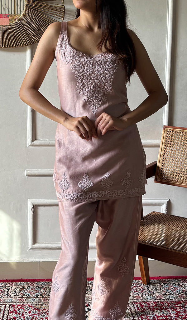 Amreena Women's Lakhnavi Handcrafted Chanderi Silk Chikankari Top And Pant Set - HONC0344948