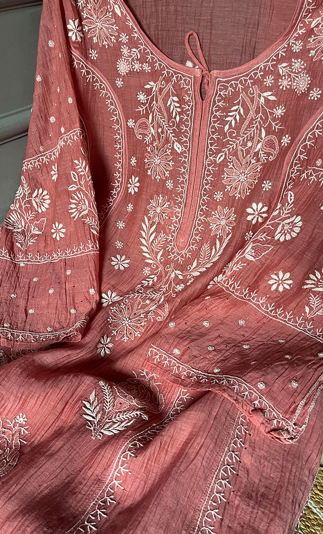 Women's Lakhnavi Handcrafted Mul Chanderi Semi - Stitched Anarkali And Dupatta Set - HONC0280985