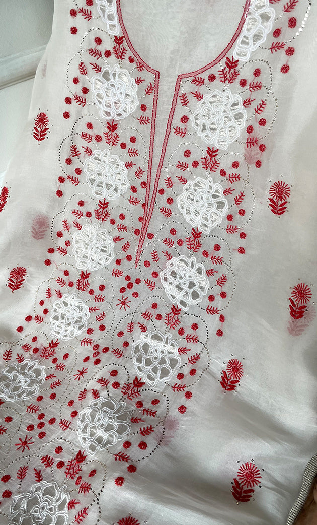 Women's Lakhnavi Handcrafted Pure Organza Chikankari Unstitched Kurta And Dupatta Set- HONC0320491