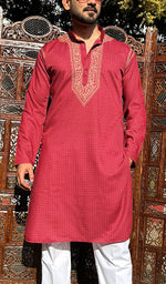 将图像加载到图库查看器中， Men's Lucknowi Handcrafted Cotton Chikankari Kurta - HONC0237353