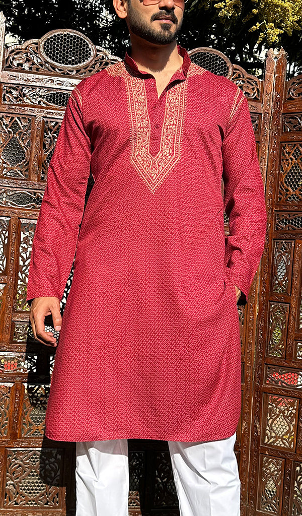 Men's Lucknowi Handcrafted Cotton Chikankari Kurta - HONC0237353