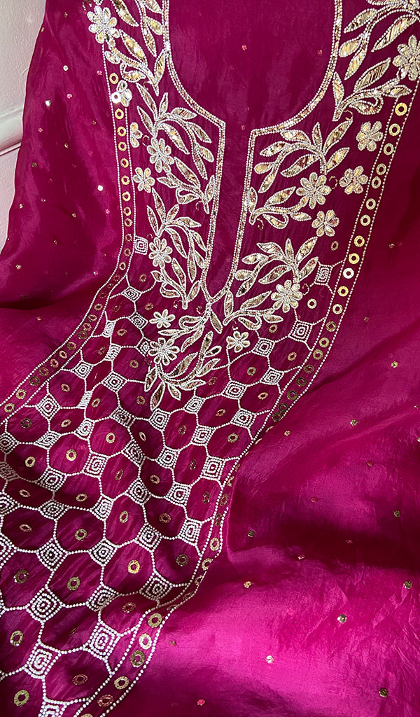 Women's Lakhnavi Handcrafted Pure Organza Chikankari Unstitched Kurta And Dupatta Set- HONC0327734