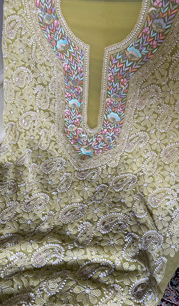 Women's Lakhnavi Handcrafted Unstitched Faux-Georgette Chikankari Suit Material - HONC0318463