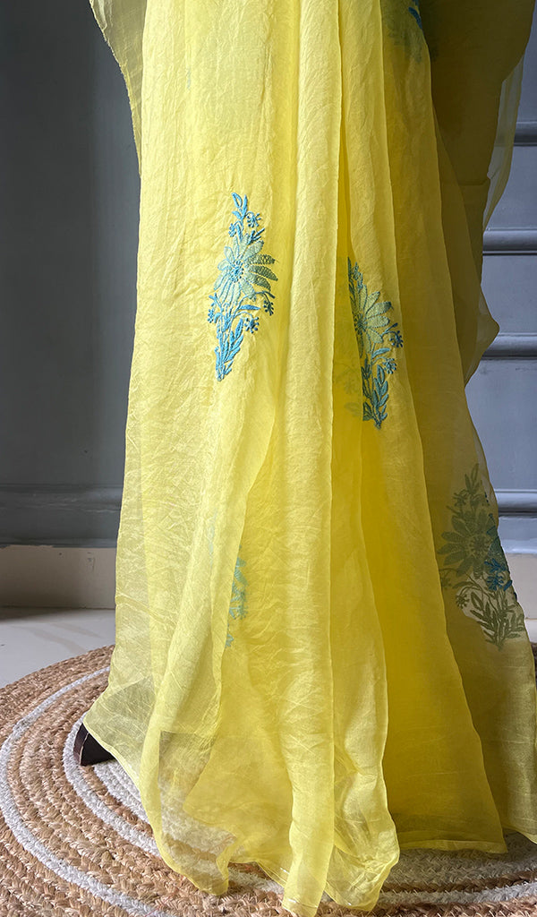 Women's Lucknowi Handcrafted Pure Organza Silk Chikankari Saree - HONC0298119