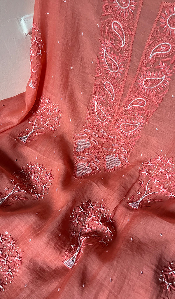 Women's Lakhnavi Handcrafted Mul Chanderi Unstitched Kurta And Dupatta Set - HONC0253625
