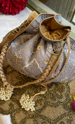 Load image into Gallery viewer, Grey Chikankari Embroidered Potli Bag with White Bead Tassels - HONC0317190

