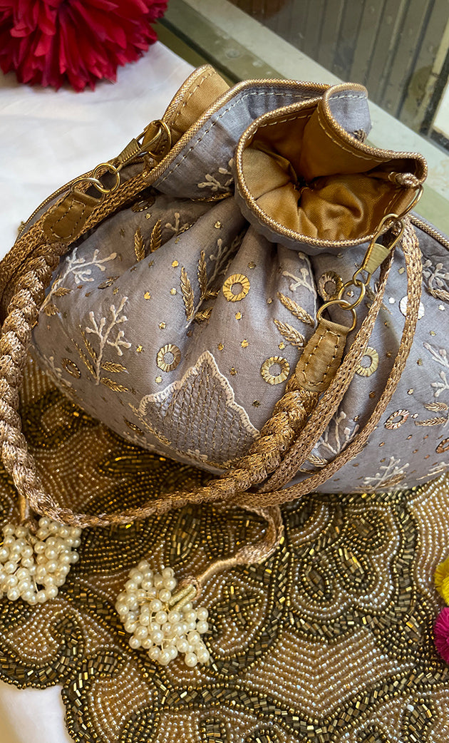 Grey Chikankari Embroidered Potli Bag with White Bead Tassels - HONC0317190