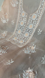 将图像加载到图库查看器中， Mainaaj  Women's Lakhnavi Handcrafted Pure Organza Chikankari Unstitched Kurta And Dupatta Set- HONC0311251