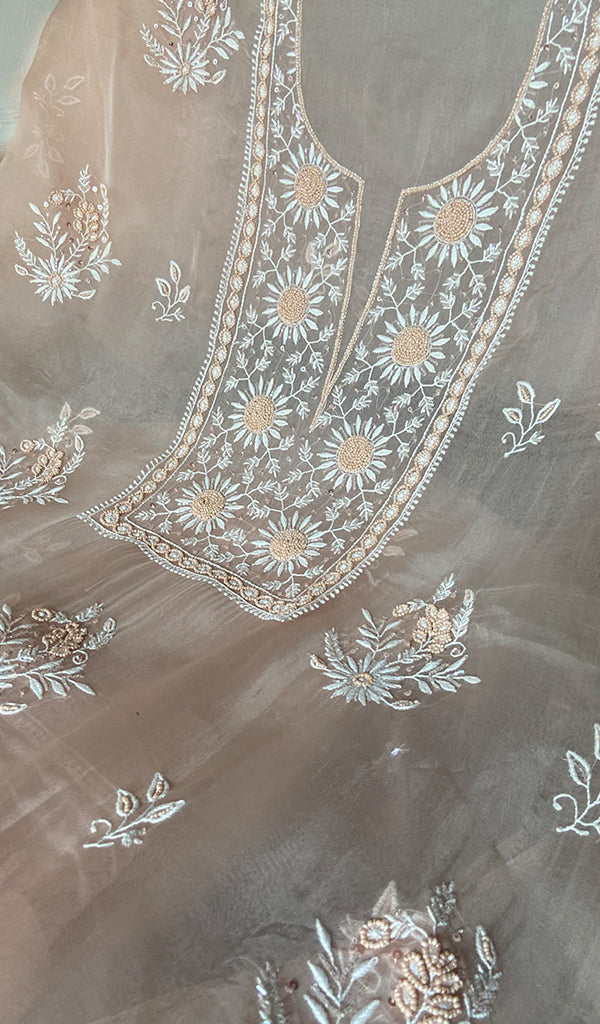 Mainaaj  Women's Lakhnavi Handcrafted Pure Organza Chikankari Unstitched Kurta And Dupatta Set- HONC0311251