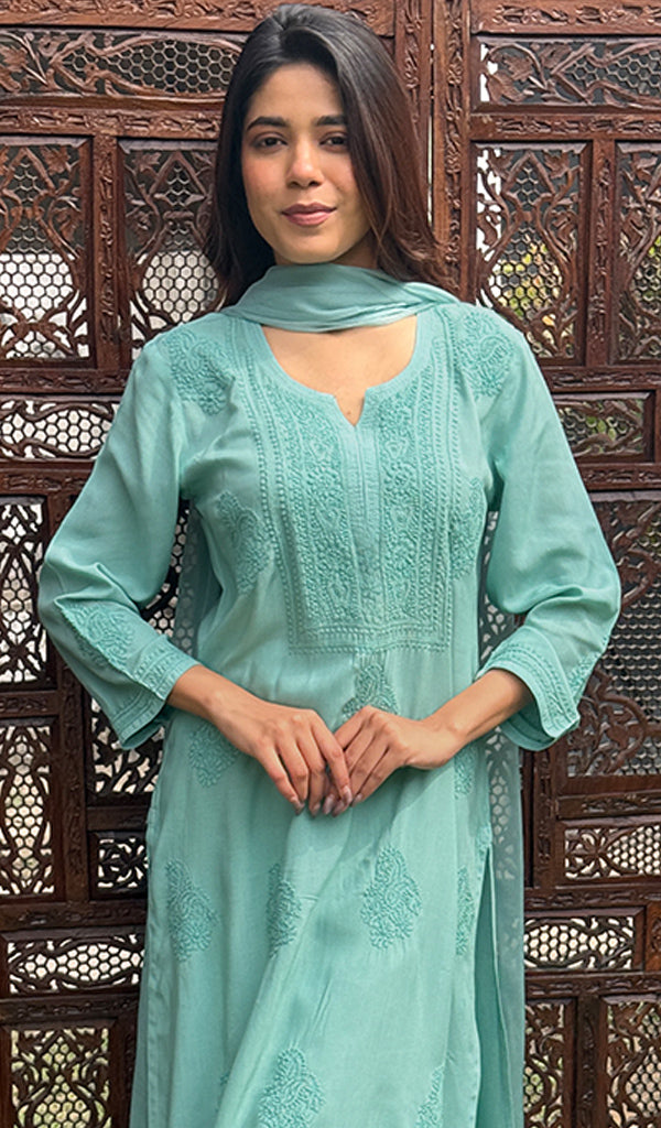 Women's Lakhnavi Handcrafted Modal Cotton Chikankari Kurta Dupatta And Palazzo Set - HONC0247742