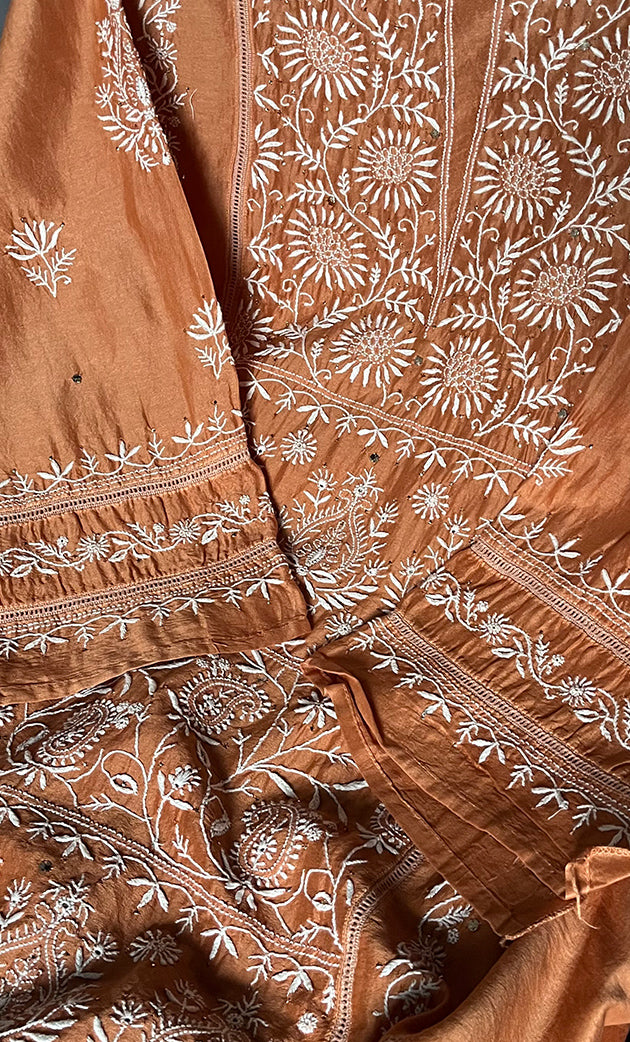Women's Lakhnavi Handcrafted Chanderi Silk  Semi - Stitched Kurta And Dupatta Set - HONC0284758