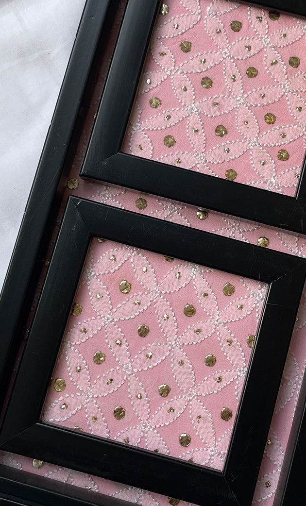 Handcrafted Chikankari Tray with Two Coasters – Wooden Frame - HONC0295553