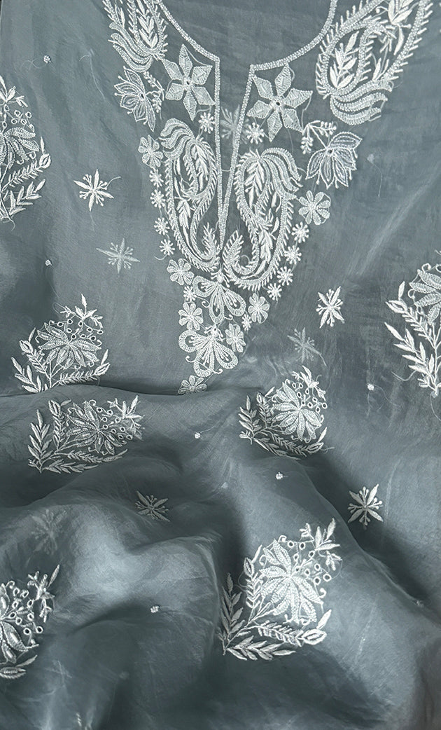 Women's Lakhnavi Handcrafted Pure Organza Chikankari Unstitched Kurta And Dupatta Set- HONC0304472
