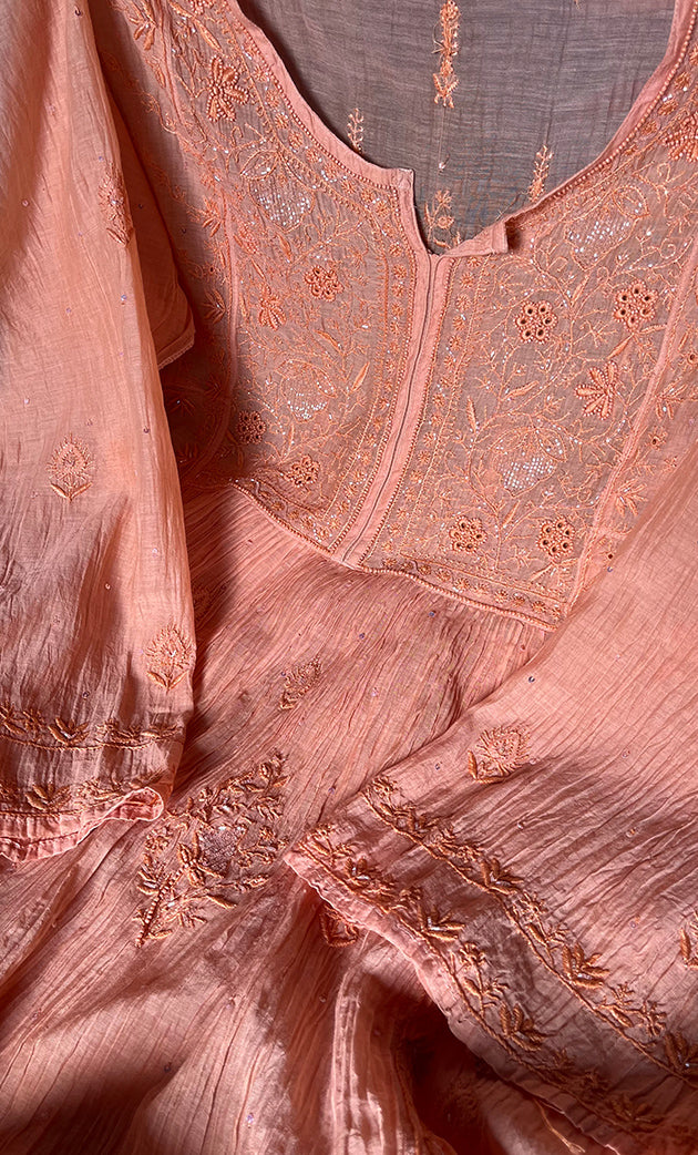 Women's Lakhnavi Handcrafted Mul Chanderi Semi - Stitched Kurta And Dupatta Set - HONC0298173