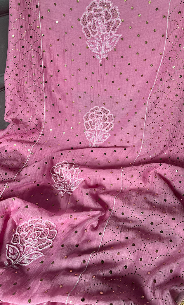 Women's Lakhnavi Handcrafted Mul Chanderi Unstitched Kurta And Dupatta Set- HONC0308279