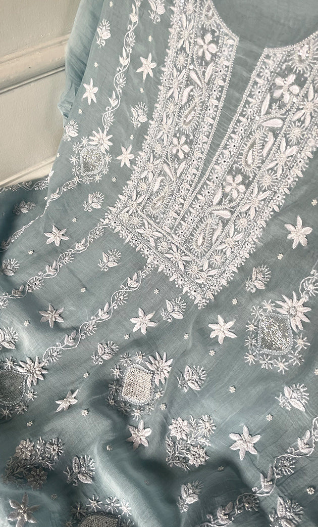 Women's Lakhnavi Handcrafted Unstitched Mul Chanderi Kurta And Dupatta Set - HONC0329030