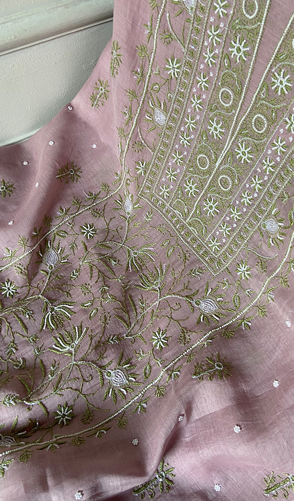Womens Lakhnavi Handcrafted Mul Chanderi Unstitched Kurta And Dupatta Set