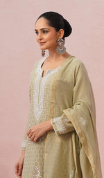 Load image into Gallery viewer, Women's Lakhnavi Handcrafted Mul Chanderi Chikankari Stitched Kurta, Dupatta And Pant Set - HONC0555586