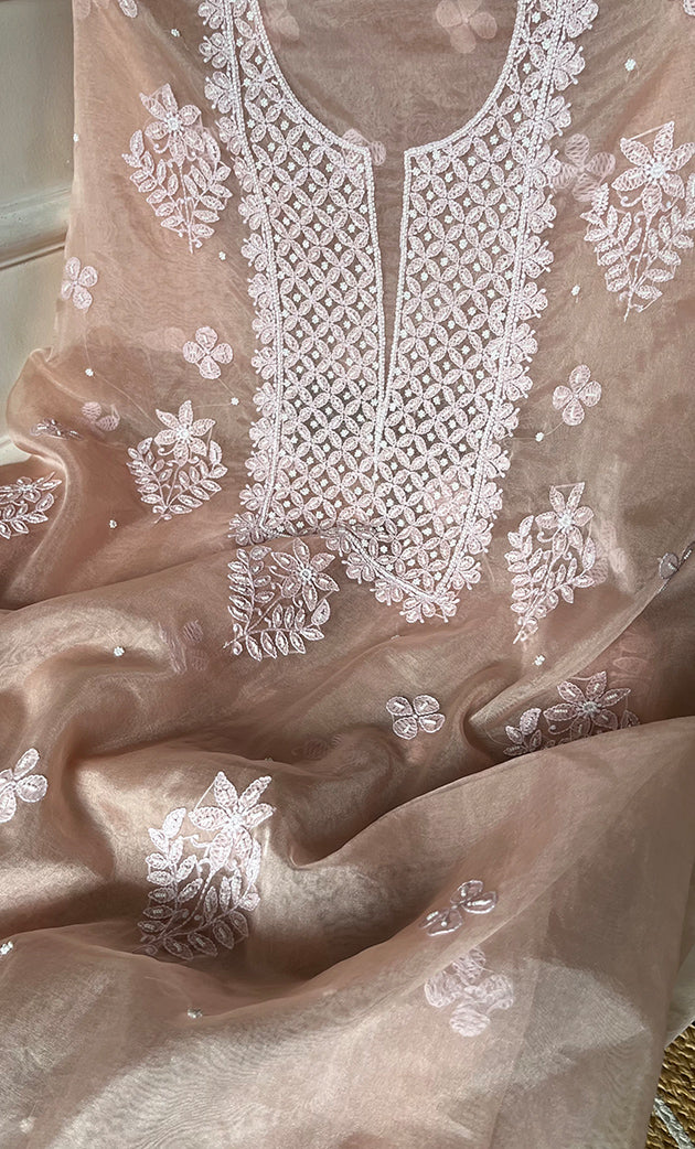 Women's Lakhnavi Handcrafted Organza Chikankari Unstitched Full Suit Material - HONC0277566