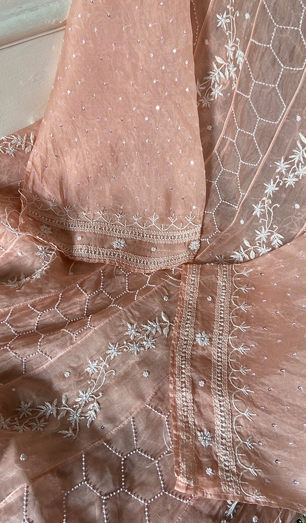 Women's Lucknowi Handcrafted Pure Organza Silk Chikankari Semi- stitched Anarkali Dupatta Set- HONC0362219