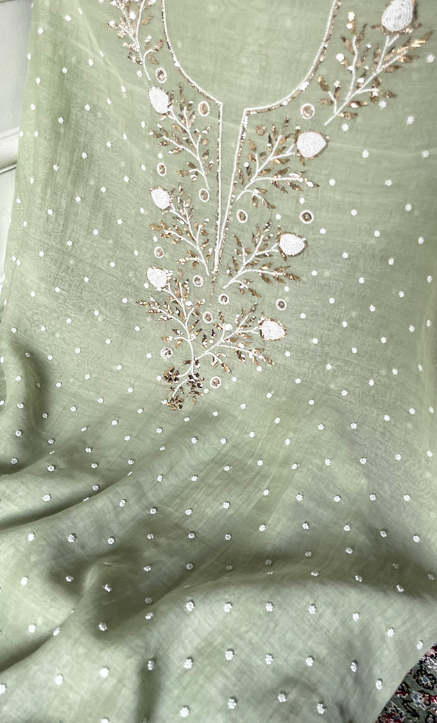 Women's Lakhnavi Handcrafted Mul Chanderi Unstitched Chikankari Full Suit Material - HONC0311949