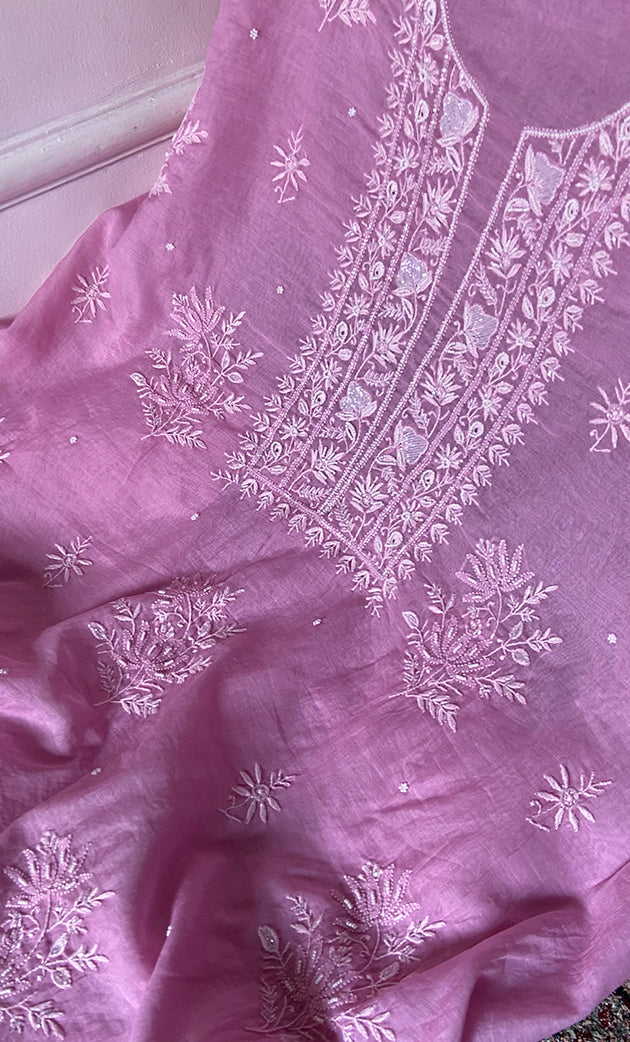 Women's Lakhnavi Handcrafted Mul Chanderi Unstitched Chikankari Full Suit Material - HONC0328324