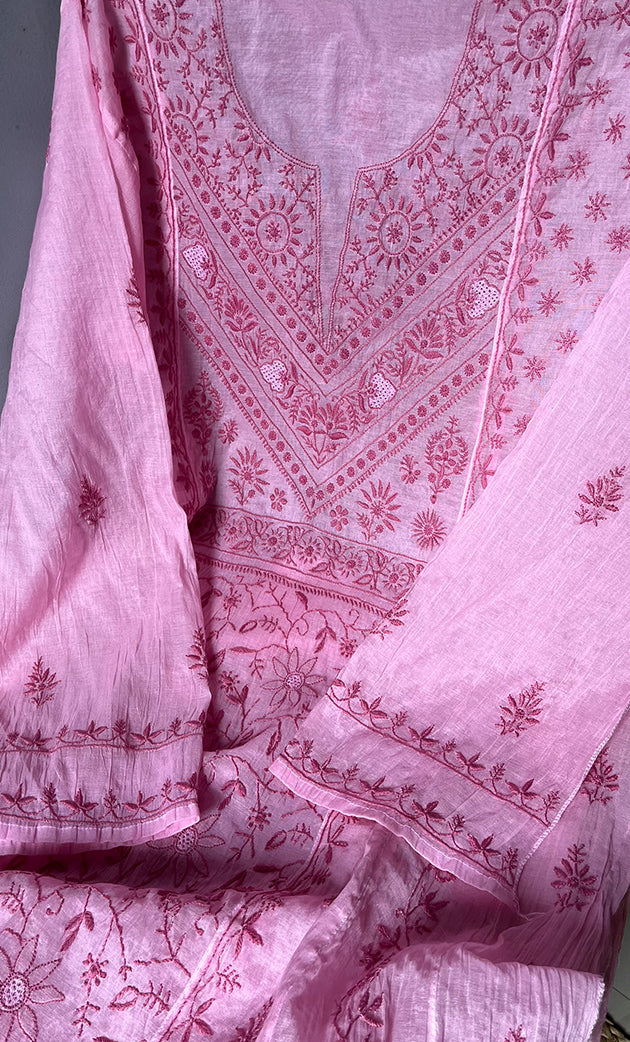 Women's Lakhnavi Handcrafted Mul Chanderi Semi - Stitched Angrakha And Dupatta Set - HONC0304464