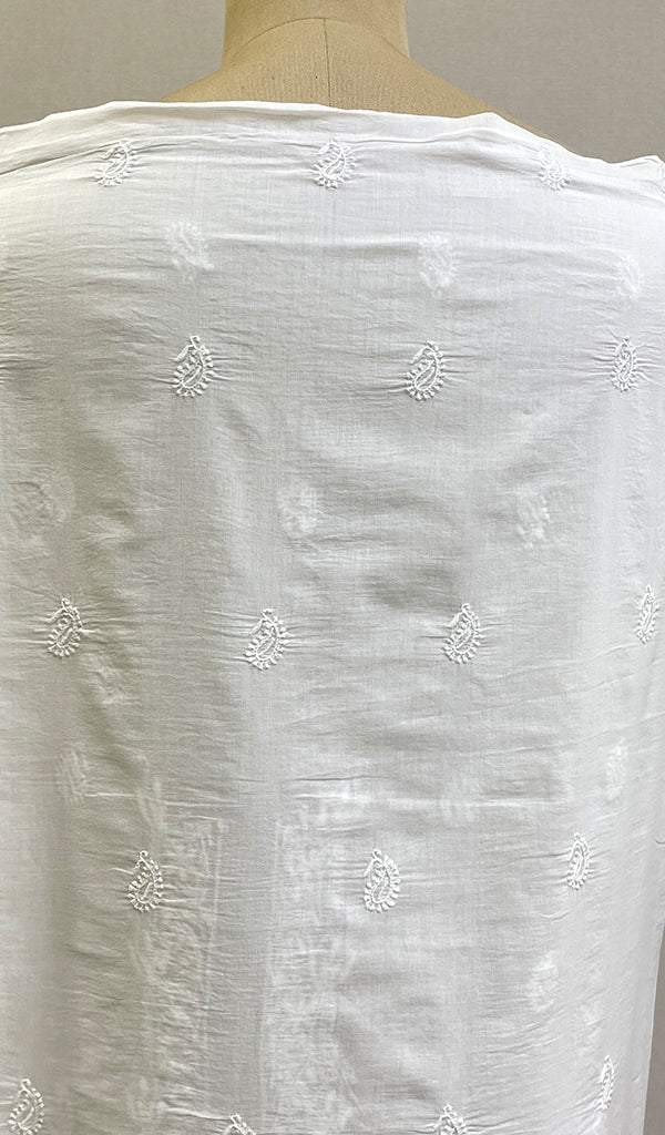 Lucknowi Handcrafted White Cotton Chikankari Unstitched Men's Kurta Fabric - HONC0222191