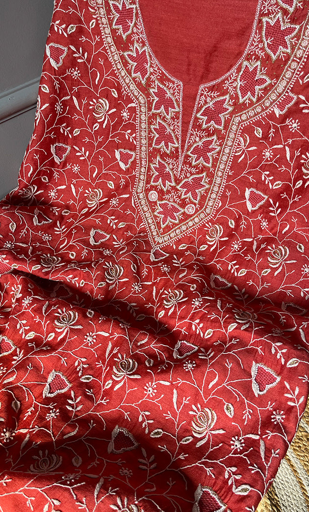 Women's Lakhnavi Handcrafted Munga Silk Chikankari Kurta And Dupatta Set- HONC0278881