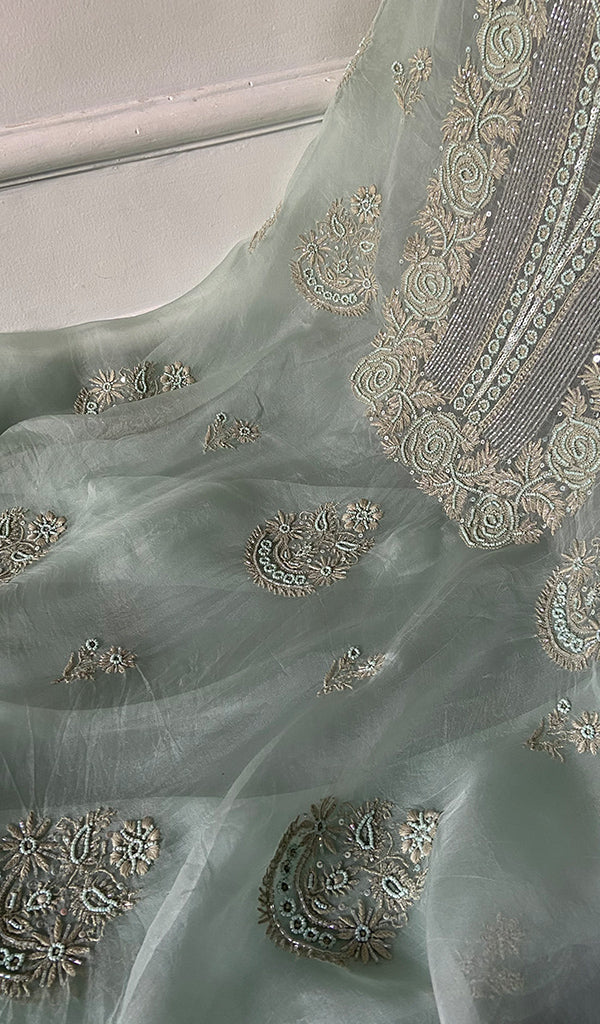 Women's Lakhnavi Handcrafted Pure Organza Chikankari Unstitched Kurta And Dupatta Set- HONC0329220