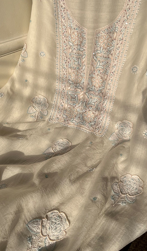 Women's Lakhnavi Handcrafted Mul Chanderi Unstitched Kurta And Dupatta Set - HONC0297197