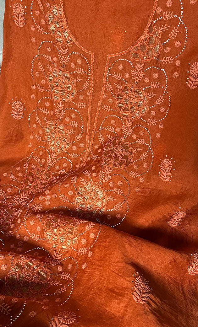 Mainaaj Women's Lakhnavi Handcrafted Pure Organza Chikankari Unstitched Kurta And Dupatta Set - HONC0330938