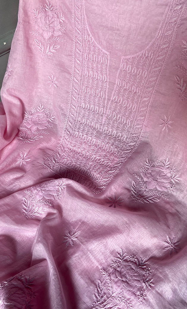Women's Lakhnavi Handcrafted Mul Chanderi Unstitched Chikankari Full Suit Material - HONC0305159