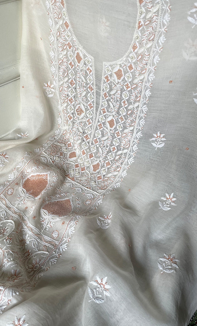 Women's Lakhnavi Handcrafted Unstitched Mul Chanderi Kurta And Dupatta Set - HONC0323593