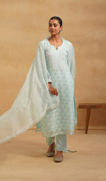 将图像加载到图库查看器中， Women's Lucknowi Handcrafted Pure Organza Silk Stitched Chikankari Kurta, Dupatta With Pant Set- HONC0543190