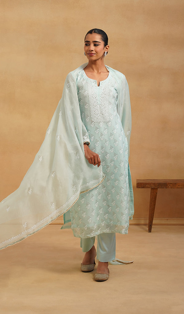 Women's Lucknowi Handcrafted Pure Organza Silk Stitched Chikankari Kurta, Dupatta With Pant Set- HONC0543190