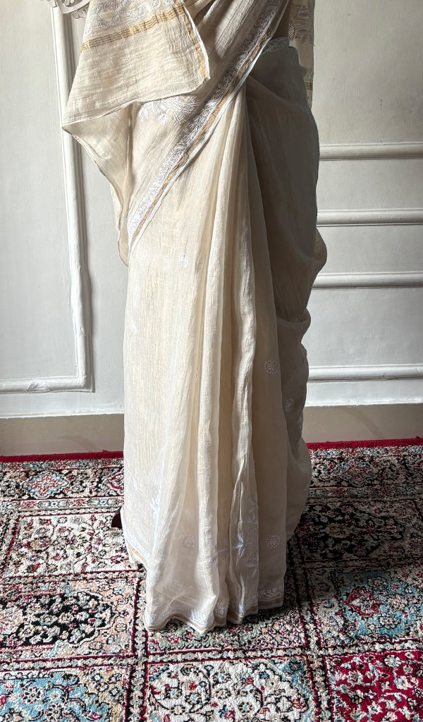Women's Lakhnavi Handcrafted Tissue Chanderi Chikankari Saree - HONC0350401
