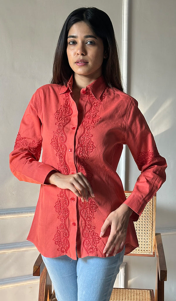 Women's Lucknowi Handcrafted Slub Cotton Chikankari Top - HONC0299137