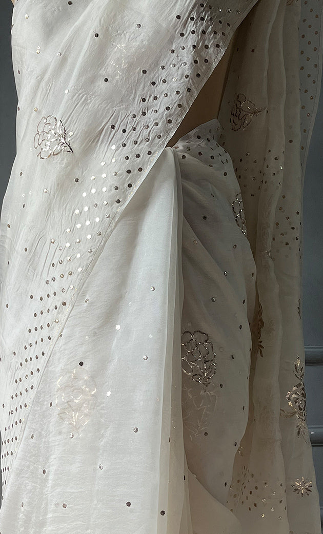 Women's Lucknowi Handcrafted Pure Organza Silk Chikankari Saree - HONC0307475