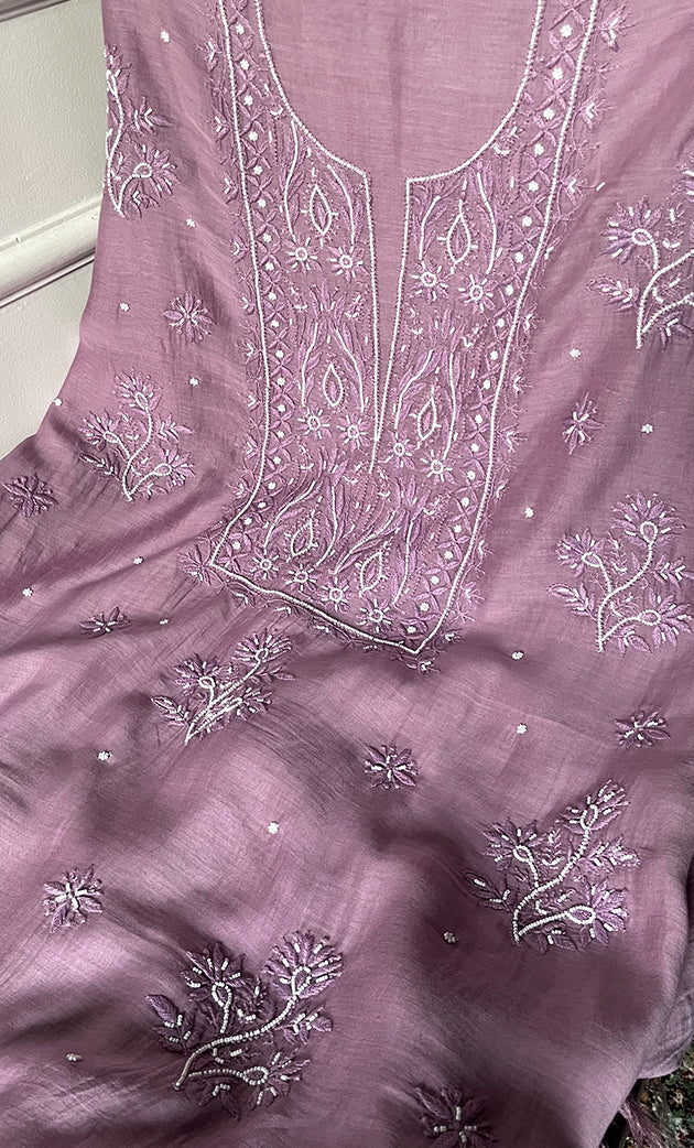 Women's Lakhnavi Handcrafted Mul Chanderi Unstitched Chikankari Full Suit Material - HONC