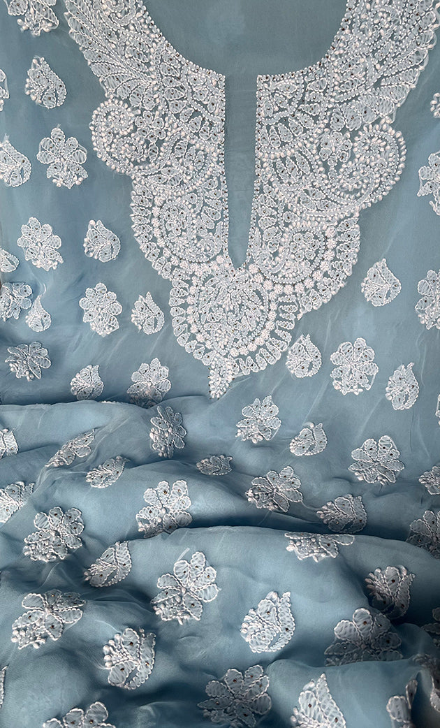 Women's Lakhnavi Handcrafted Unstitched Faux-Georgette Chikankari Suit Material - HONC0263066