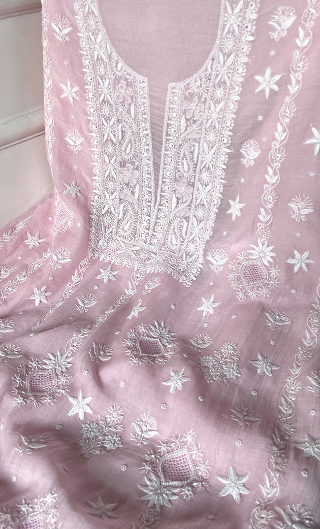 Women's Lakhnavi Handcrafted Unstitched Mul Chanderi Kurta And Dupatta Set - HONC0322454