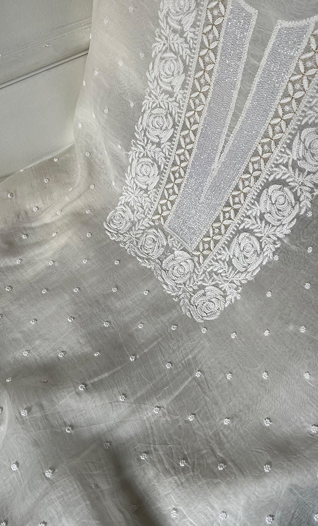 Jazba Women's Lakhnavi Handcrafted Mul Chanderi Unstitched Kurta And Dupatta Set- HONC0334538