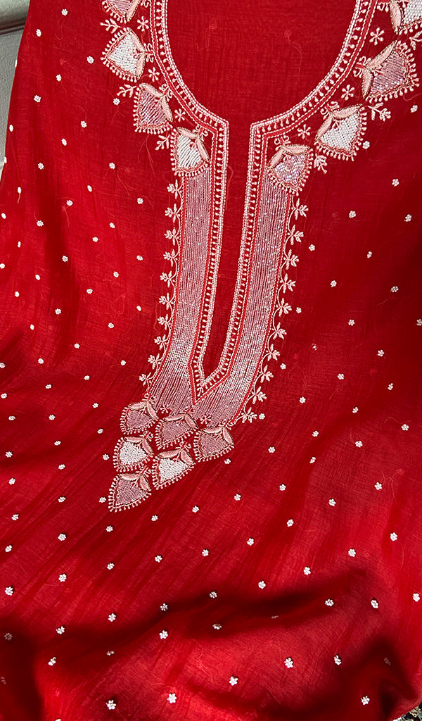 Jazba Women's Lakhnavi Handcrafted Mul Chanderi Unstitched Chikankari Full Suit - HONC0370175