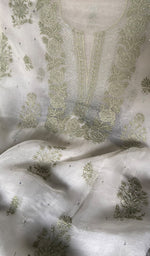将图像加载到图库查看器中， Women's Lakhnavi Handcrafted Pure Organza Chikankari Unstitched Kurta And Dupatta Set- HONC0340819