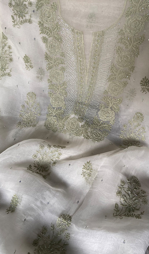 Women's Lakhnavi Handcrafted Pure Organza Chikankari Unstitched Kurta And Dupatta Set- HONC0340819
