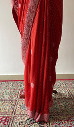 Red Pure Silk Georgette Chikankari Saree