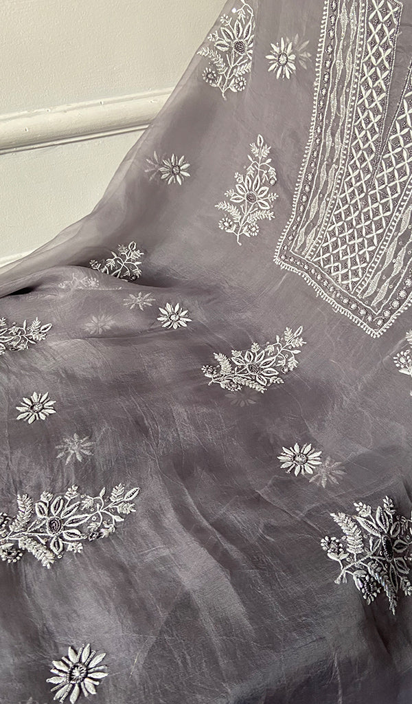 Women's Lakhnavi Handcrafted Pure Organza Chikankari Unstitched Kurta And Dupatta Set- HONC0335082