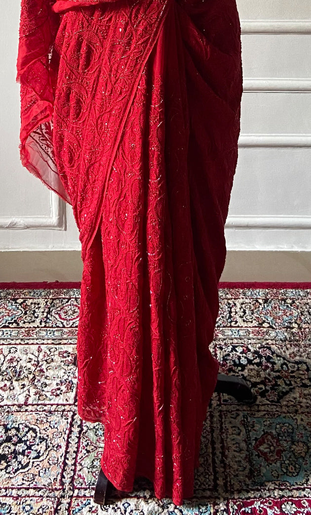 Women's Lakhnavi Handcrafted Pure Silk Georgette Chikankari Saree - HONC0286873