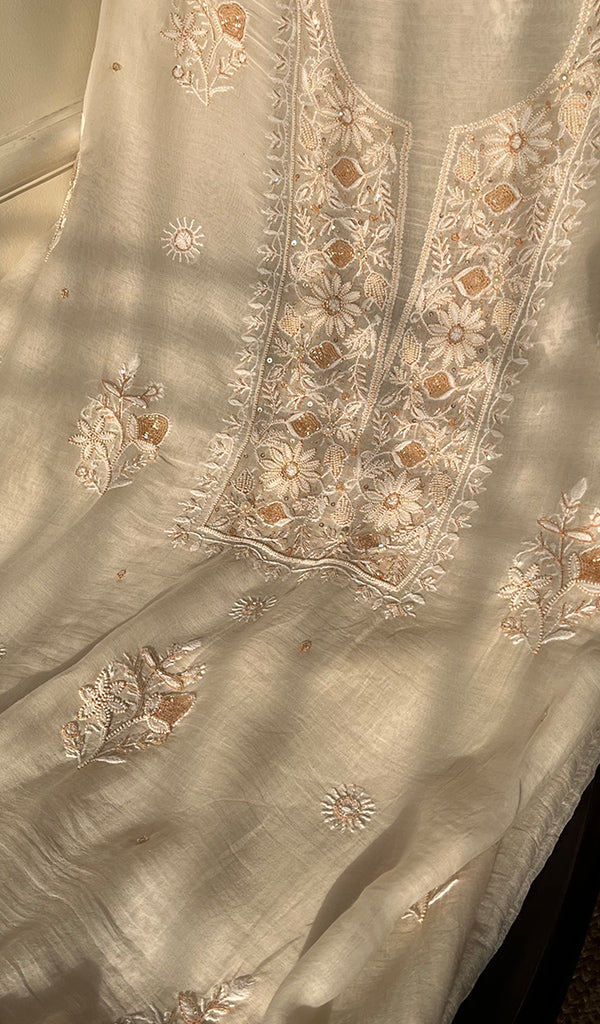 Women's Lakhnavi Handcrafted Mul Chanderi Unstitched  Kurta And Dupatta Set- HONC0297200